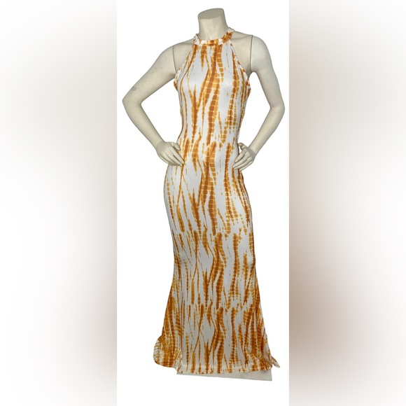 UNBRANDED Yellow/White Tie Dye Racerback Halter Mermaid Fitted Cutout Maxi Dress - Picture 4 of 13